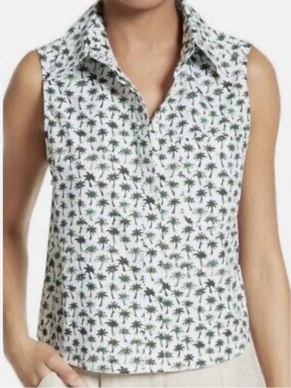 Milly White Sleeveless Collared Palm-Print Blouse